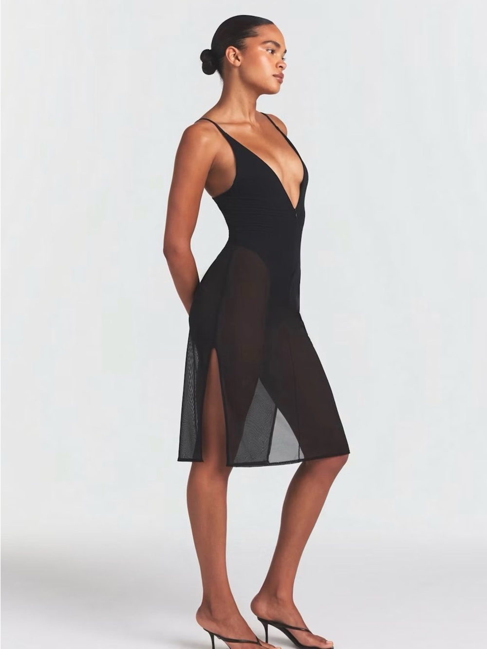 SKIMS Black Sheer Mesh Slip with Deep V and Side Slits